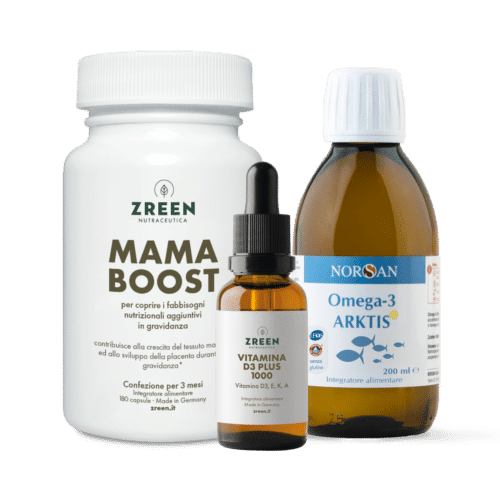 Packshots dei prodotti ZREEN Mama Boost, ZREEN Vitamina D3 Plus 1000 e NORSAN Omega-3 Arktis