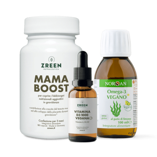 Packshots dei prodotti ZREEN Mama Boost, ZREEN Vitamina D3 1000 Vegana e NORSAN Omega-3 vegano