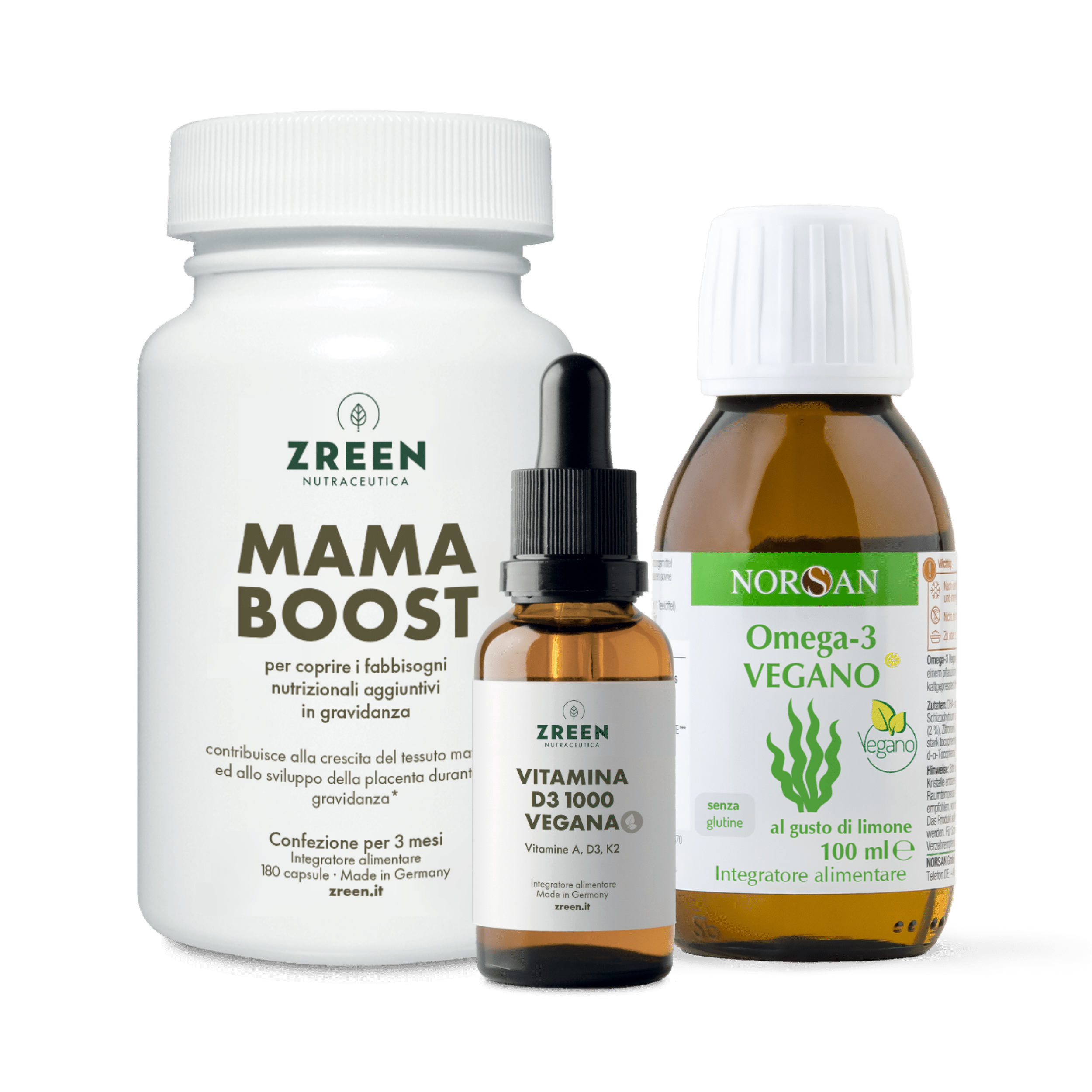 packshot26-norsan Mama Box Vegan Packshots dei prodotti ZREEN Mama Boost, ZREEN Vitamina D3 1000 Vegana e NORSAN Omega-3 vegano
