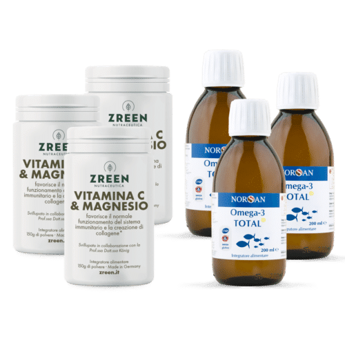 Packshots di 3 prodotti ZREEN Vitamina C e Magnesio e 3 NORSAN Omega-3 Total