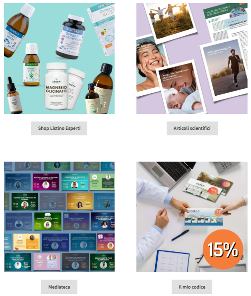 Screenshot con quattro riquadri di collegamento: Shop Riservato, Articoli scientifici, Mediateca e Il mio codice