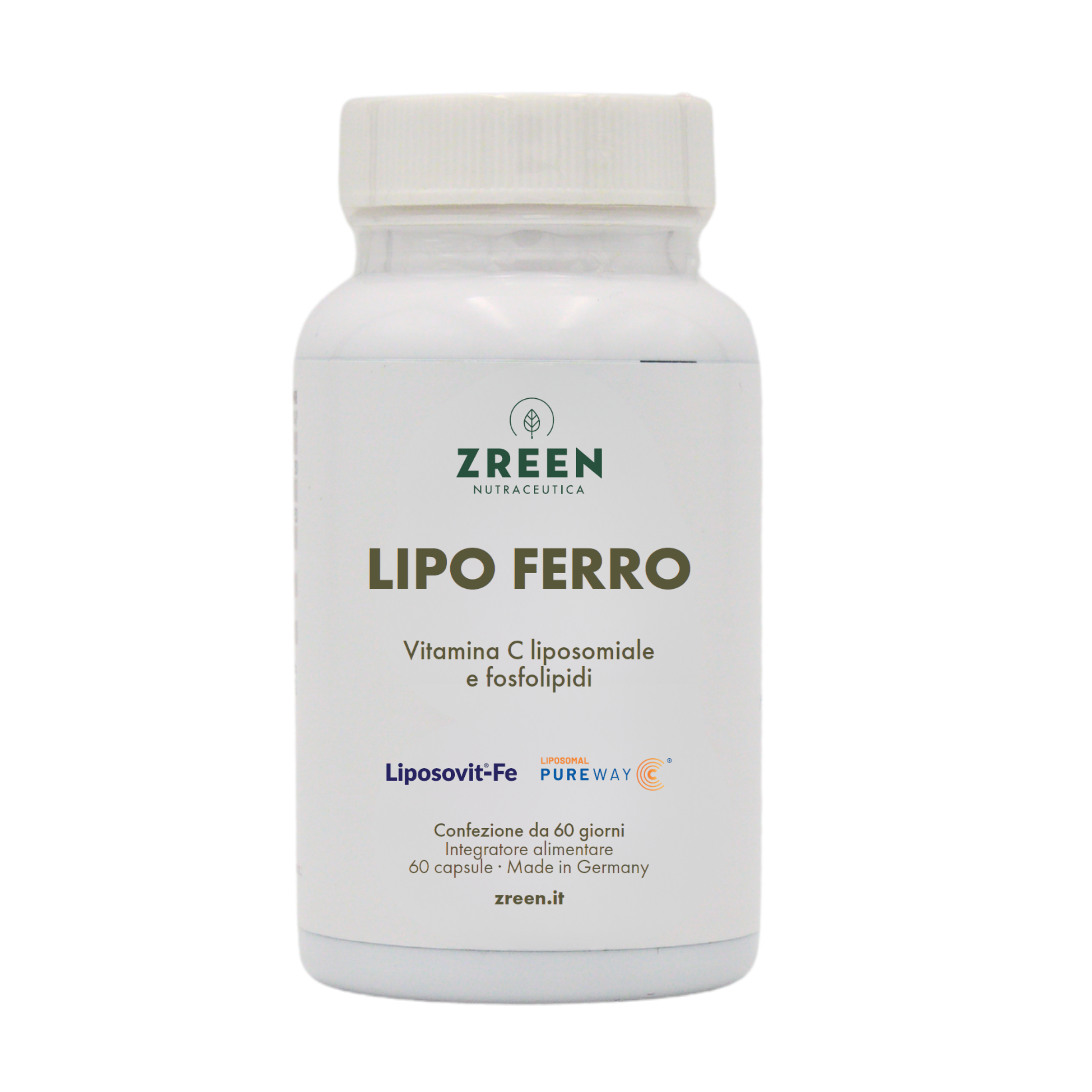 Lipo Ferro trasparente Ferro bisglicinato liposomiale (LIPOSOVIT®-Fe), vitamina C (PureWay-C® liposomiale), agente di rivestimento: idrossipropilmetilcellulosa (HPMC); complesso fosfolipidico in polvere LeciFis EXG.