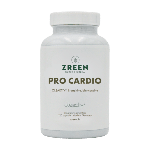 Barattolo bianco di integratore “Pro Cardio” Zreen, confezione da 120 capsule.