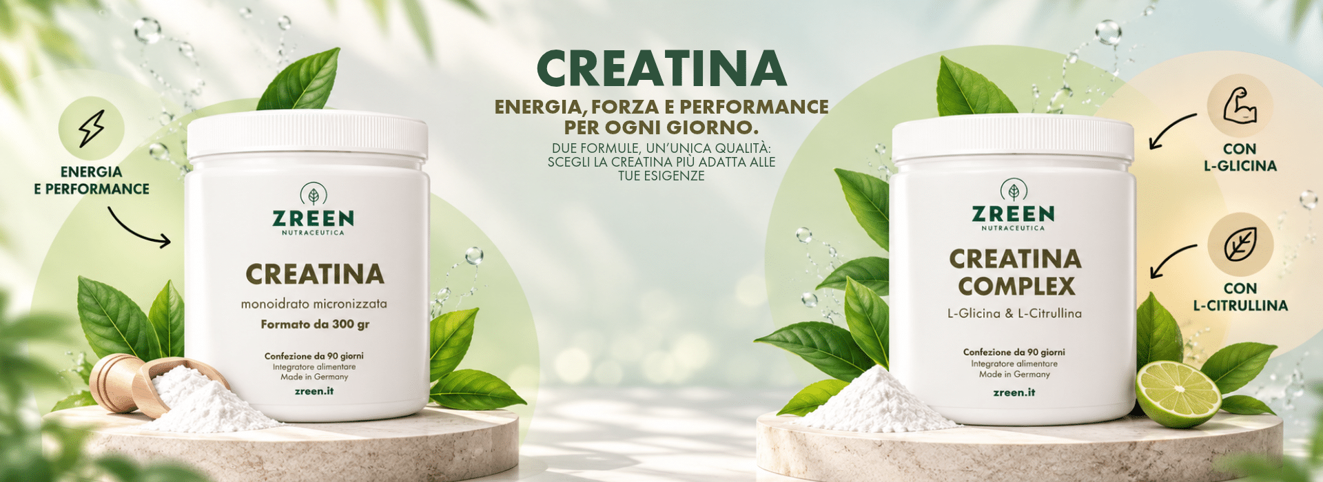 Creatina monoidrato micronizzata e Creatina Complex con L-Glicina e L-Citrullina ZREEN