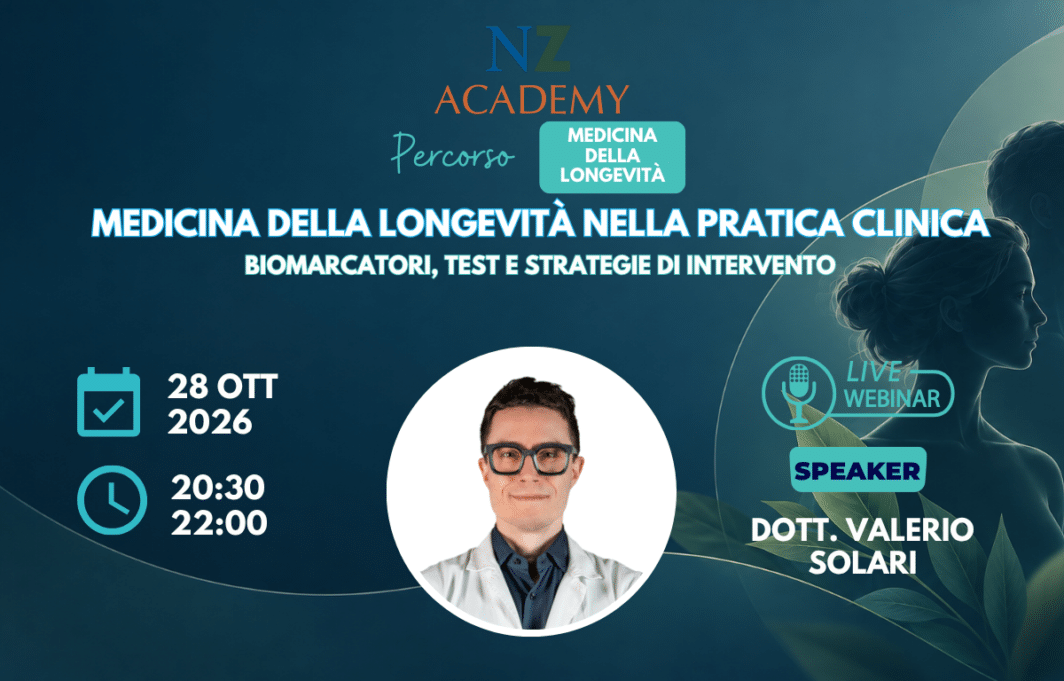 Locandina del webinar Medicina della longevità nella pratica clinica con il Dott. Valerio Solari, 28 ottobre 2026